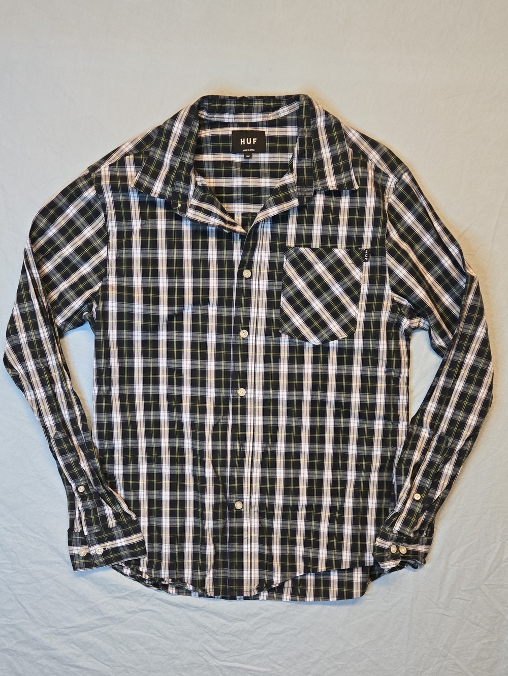HUF Plaid Button Down Cotton Casual Dress Shirt Blue, Green, Yellow & Grey